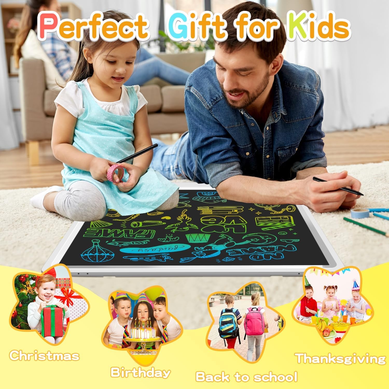 LCD Writing Tablet, 22 Inch Colorful Doodle Board Erasable Drawing Board Kids Writing Board, Drawing Tablet Educational for 3-12 Year Old Kids Adults Home School